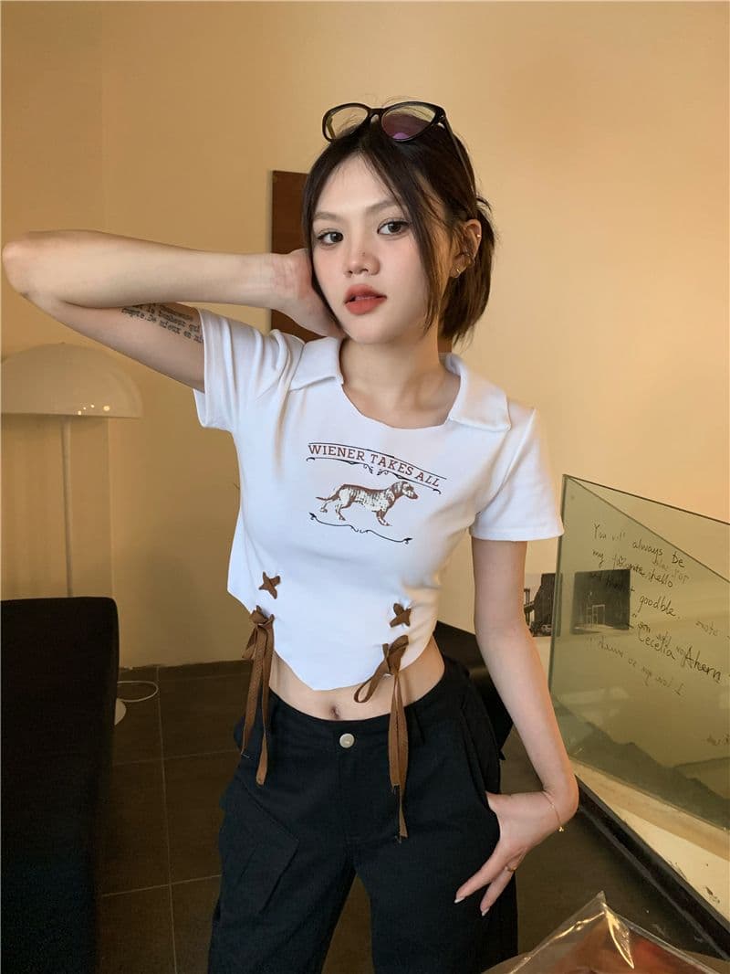아메리칸 달콤한 핫걸 쇼트 스타일 반팔 티셔츠 여성 몸매 가꾸기 프랑스식 디자인 센스 작은 대중 고유 한 Chic POLO 칼라 맨위 상세 이미지 4