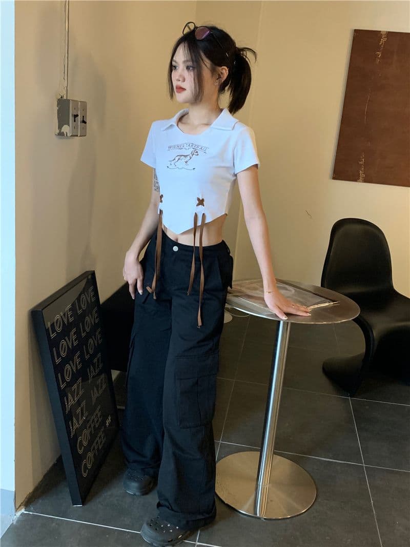 아메리칸 달콤한 핫걸 쇼트 스타일 반팔 티셔츠 여성 몸매 가꾸기 프랑스식 디자인 센스 작은 대중 고유 한 Chic POLO 칼라 맨위 상세 이미지 5