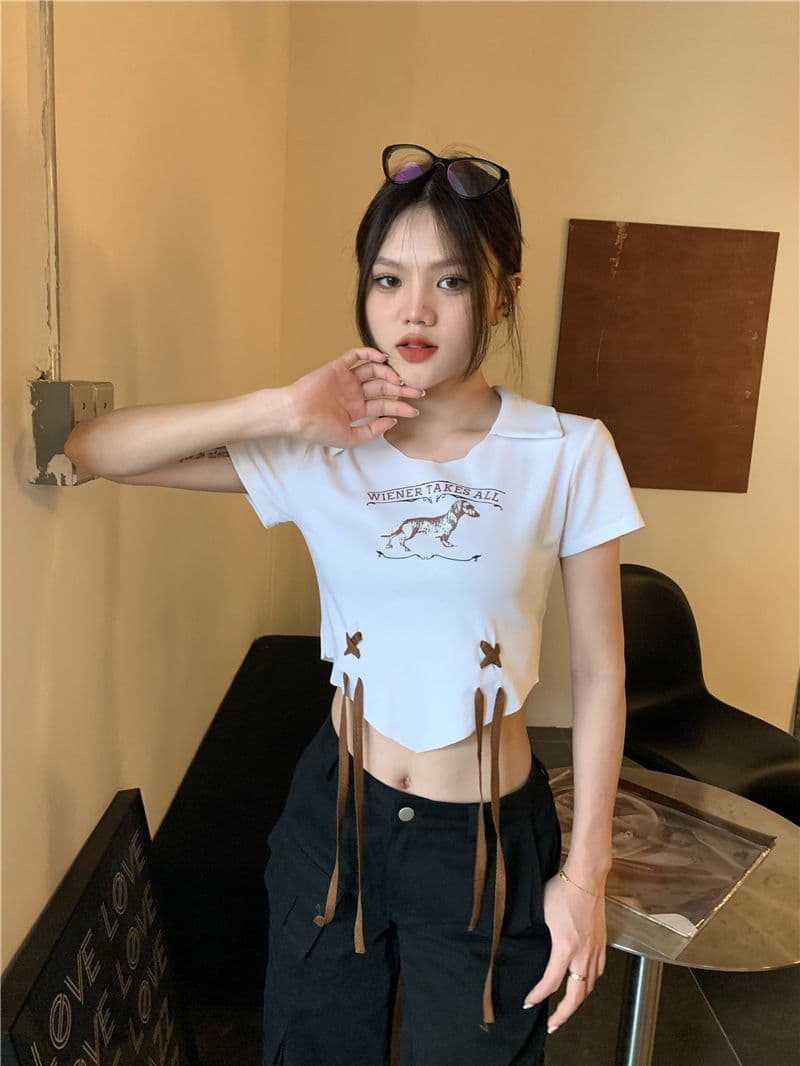 아메리칸 달콤한 핫걸 쇼트 스타일 반팔 티셔츠 여성 몸매 가꾸기 프랑스식 디자인 센스 작은 대중 고유 한 Chic POLO 칼라 맨위 상세 이미지 8