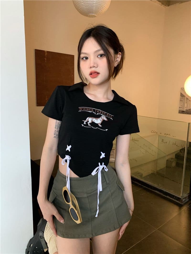 아메리칸 달콤한 핫걸 쇼트 스타일 반팔 티셔츠 여성 몸매 가꾸기 프랑스식 디자인 센스 작은 대중 고유 한 Chic POLO 칼라 맨위 상세 이미지 12