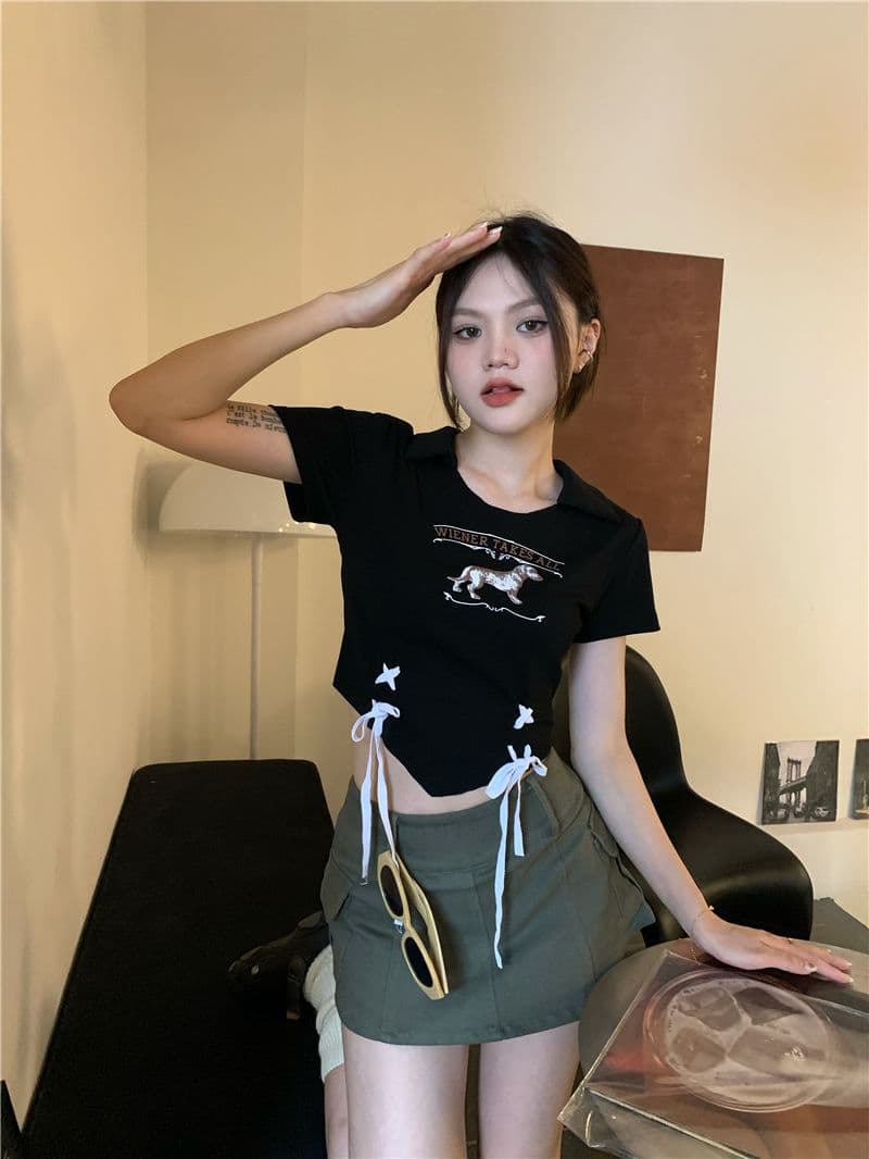 아메리칸 달콤한 핫걸 쇼트 스타일 반팔 티셔츠 여성 몸매 가꾸기 프랑스식 디자인 센스 작은 대중 고유 한 Chic POLO 칼라 맨위 상세 이미지 13