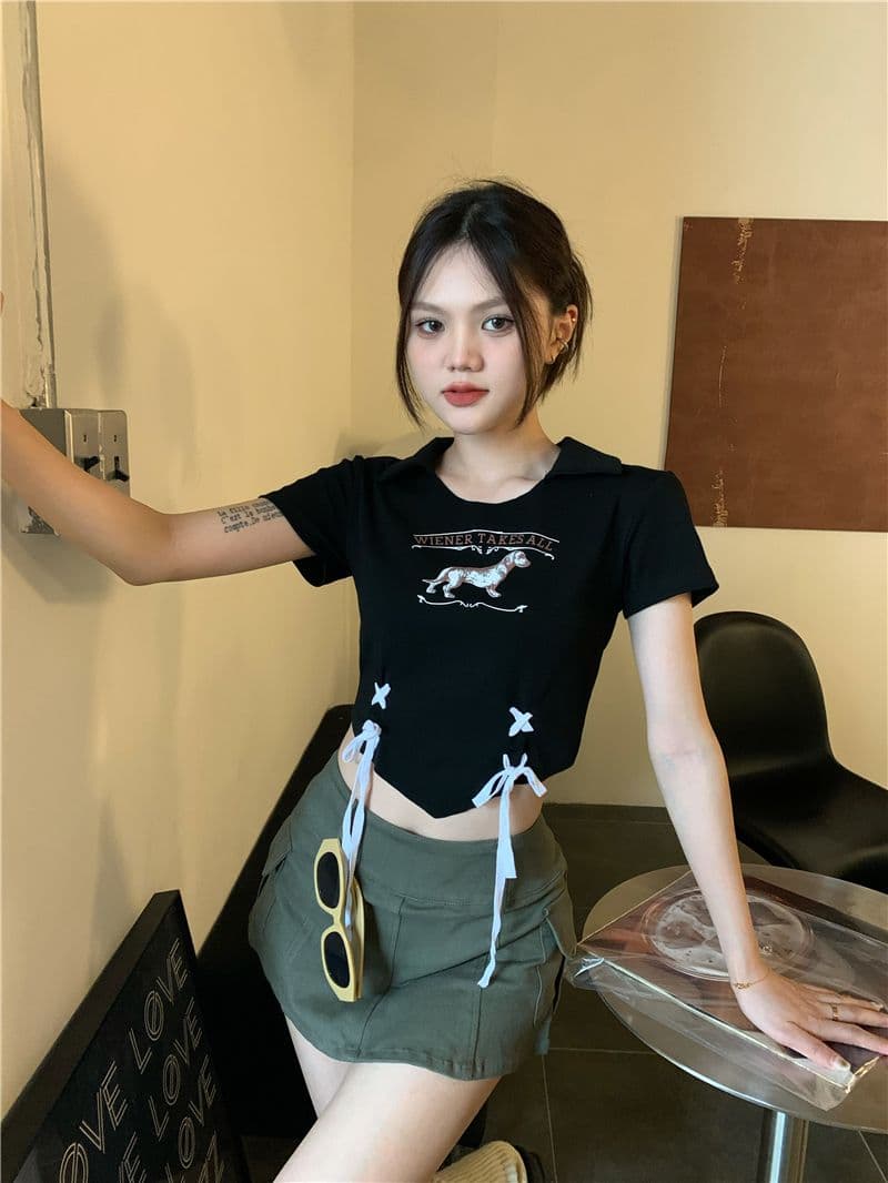 아메리칸 달콤한 핫걸 쇼트 스타일 반팔 티셔츠 여성 몸매 가꾸기 프랑스식 디자인 센스 작은 대중 고유 한 Chic POLO 칼라 맨위 상세 이미지 15