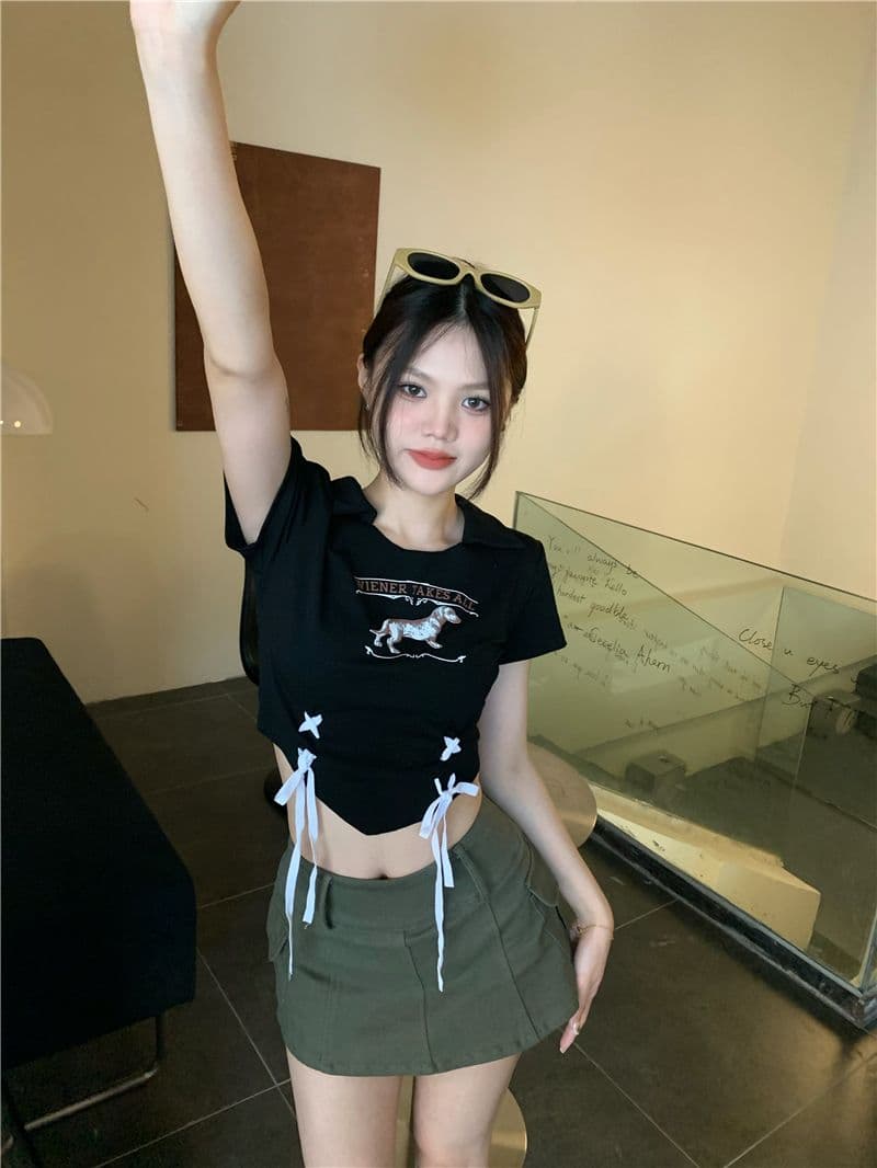 아메리칸 달콤한 핫걸 쇼트 스타일 반팔 티셔츠 여성 몸매 가꾸기 프랑스식 디자인 센스 작은 대중 고유 한 Chic POLO 칼라 맨위 상세 이미지 17