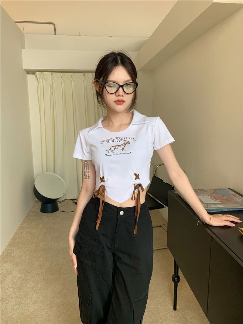 아메리칸 달콤한 핫걸 쇼트 스타일 반팔 티셔츠 여성 몸매 가꾸기 프랑스식 디자인 센스 작은 대중 고유 한 Chic POLO 칼라 맨위 상세 이미지 19