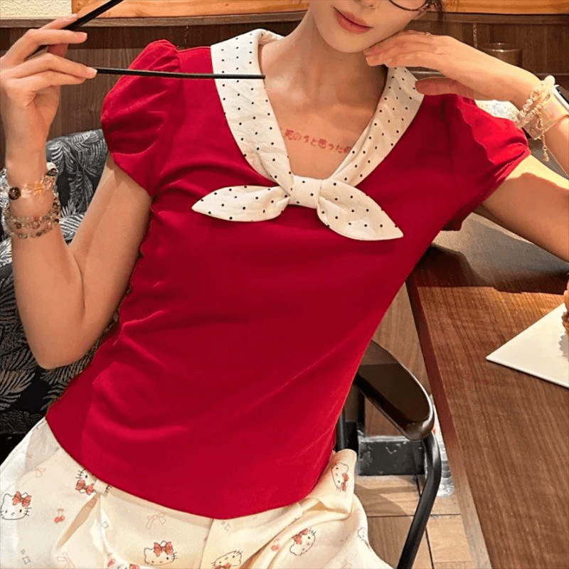 와 사고 방식 1 1 260g 빨간색 도트 무늬 베이비 칼라 몸매 가꾸기 반팔 티셔츠 여성 이미지 2