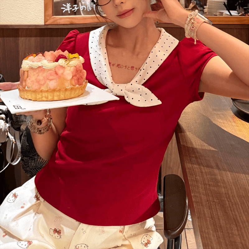 와 사고 방식 1 1 260g 빨간색 도트 무늬 베이비 칼라 몸매 가꾸기 반팔 티셔츠 여성 상세 이미지 3