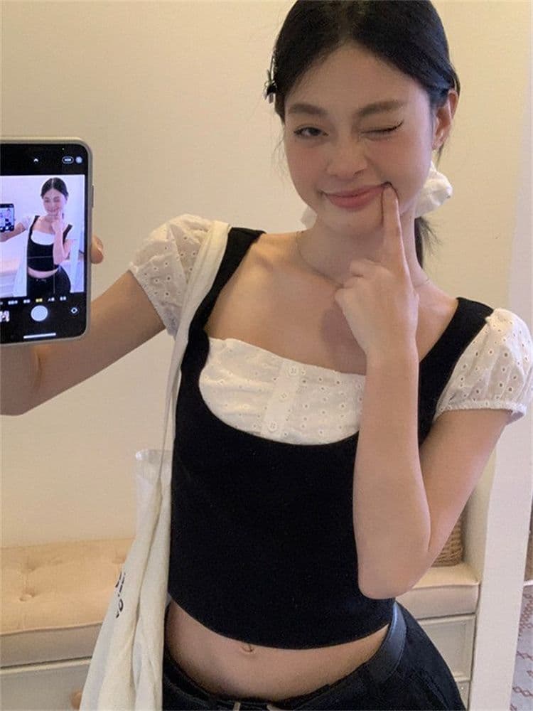 1 1 와 사고 방식 검정색 레이스 페이크 레이어드 반팔 티셔츠 여성 여름 몸매 가꾸기 슬림해 보이는 거품 소매 핫걸 쇼트 스타일 맨위 상세 이미지 3