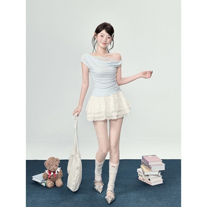 차가운 실크 코튼 비스듬한 어깨 반팔 티셔츠 여성 여름 레이스 흔들다 칼라 작은 키 슬림해 보이는 품격 오프숄더 맨위 이미지 3