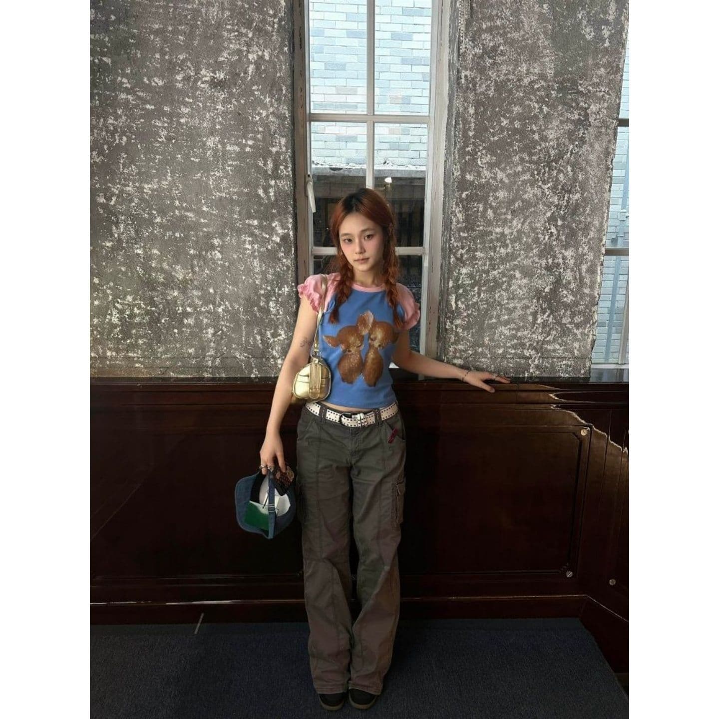 한 부서 ins 학원 스타일 작은 사슴 프린트 긍정적 인 어깨 반팔 이미지 3