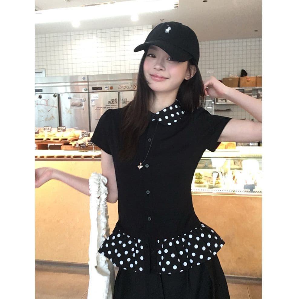 블랙 싸움 도트 무늬 베이비 칼라 반팔 티셔츠 여성 여름 ins 바람 몸매 가꾸기 슬림해 보이는 디자인 센스 다용도 맨위 상세 이미지 3