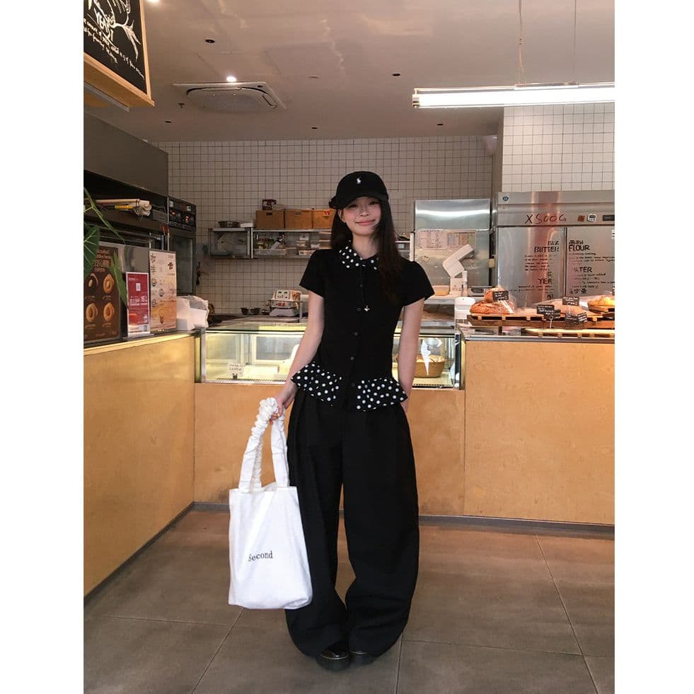 블랙 싸움 도트 무늬 베이비 칼라 반팔 티셔츠 여성 여름 ins 바람 몸매 가꾸기 슬림해 보이는 디자인 센스 다용도 맨위 상세 이미지 4