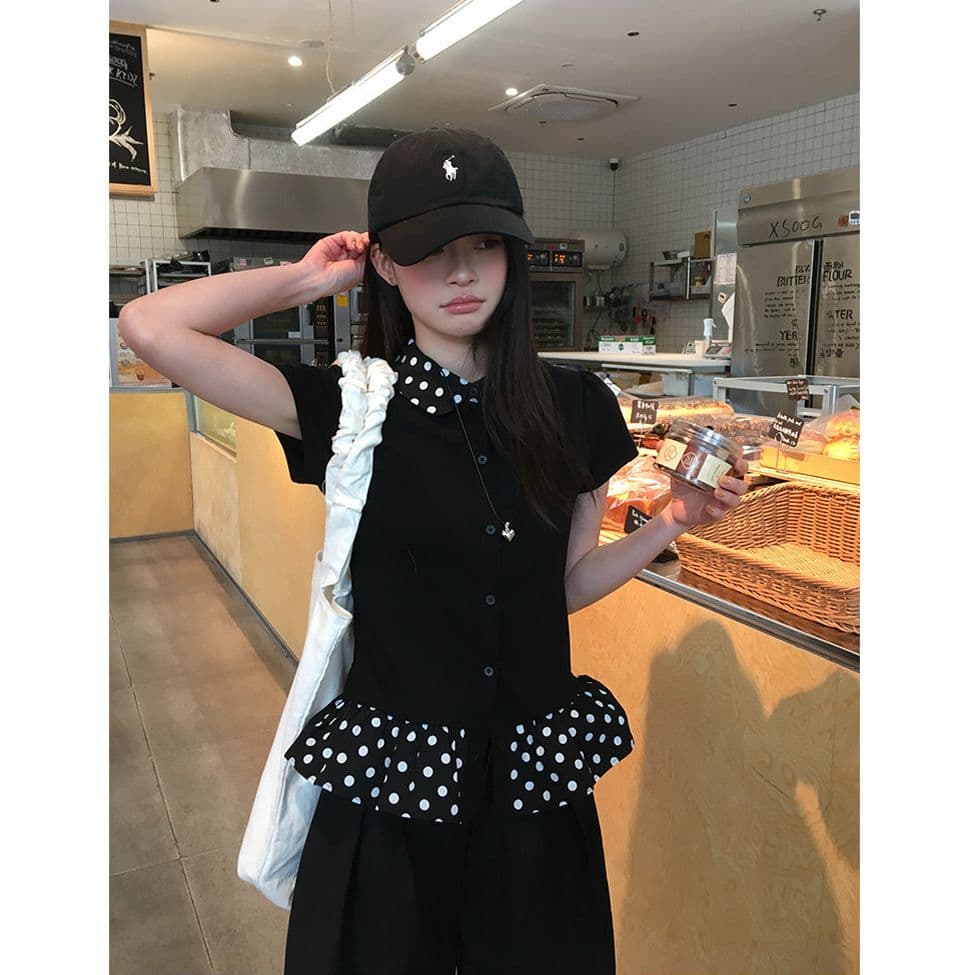 블랙 싸움 도트 무늬 베이비 칼라 반팔 티셔츠 여성 여름 ins 바람 몸매 가꾸기 슬림해 보이는 디자인 센스 다용도 맨위 상세 이미지 5