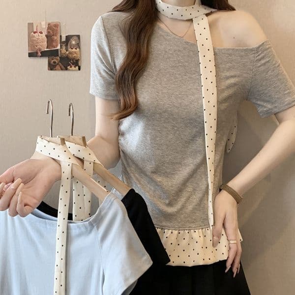 2026 새로운 비스듬한 칼라 오프숄더 나비 매듭 스카프 스트랩 행침 목 반팔 이미지 4