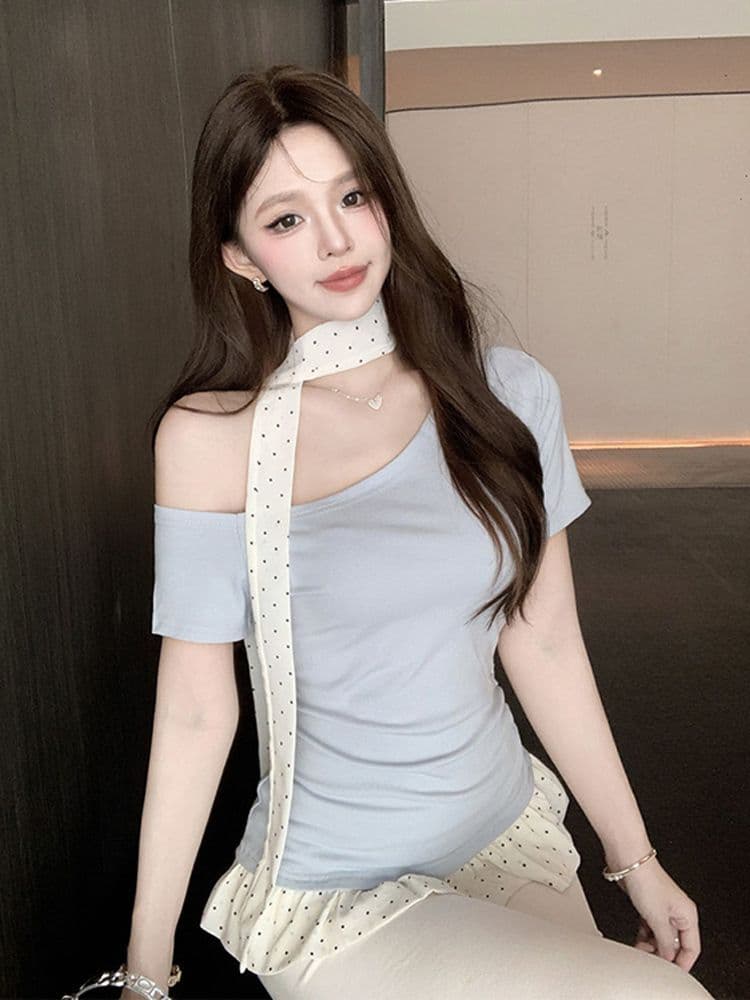 2026 새로운 비스듬한 칼라 오프숄더 나비 매듭 스카프 스트랩 행침 목 반팔 상세 이미지 1