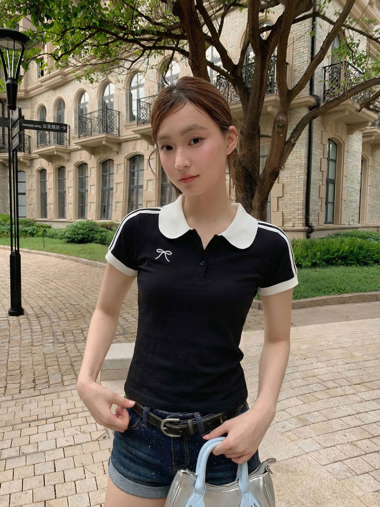 검정색 긍정적 인 어깨 반팔 티셔츠 여성 여름 한 부서 학원 스타일 핫걸 몸매 가꾸기 슬림해 보이는 맨위 상세 이미지 3