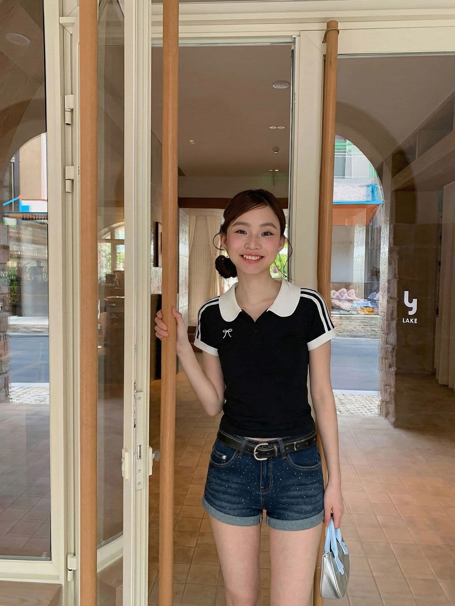 검정색 긍정적 인 어깨 반팔 티셔츠 여성 여름 한 부서 학원 스타일 핫걸 몸매 가꾸기 슬림해 보이는 맨위 상세 이미지 6