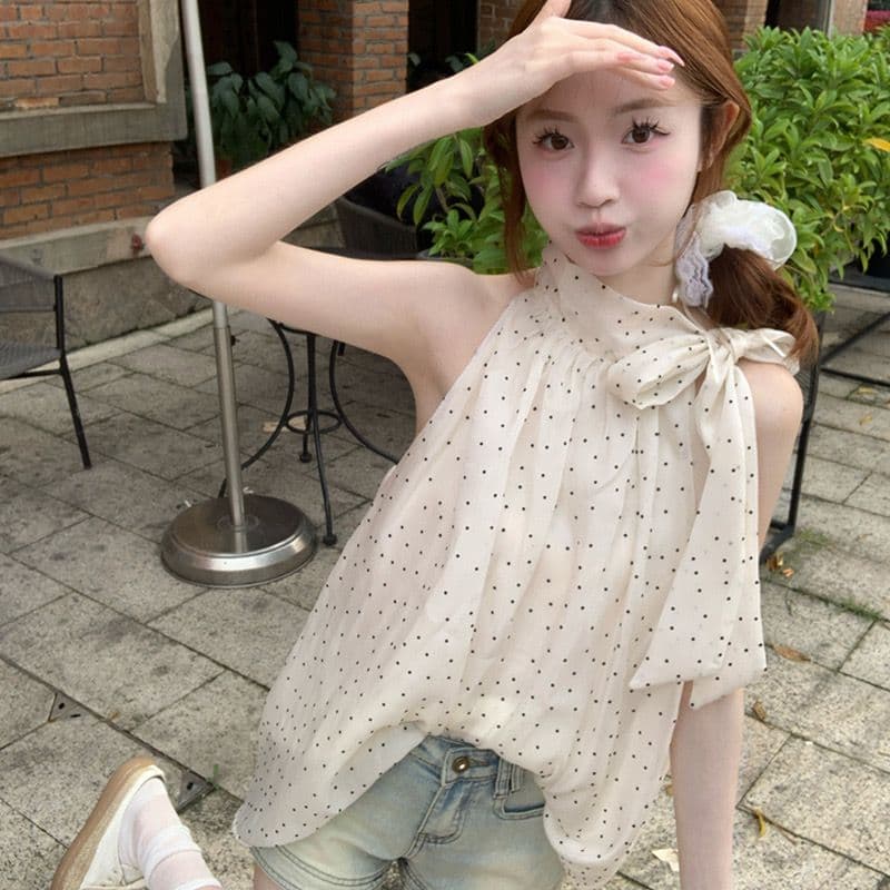 쉬폰 원단 있음 네리 행침 목 캐미솔 여성 의류 여름 루즈핏 캐주얼 Chic 도트 무늬 맨위 이미지 2