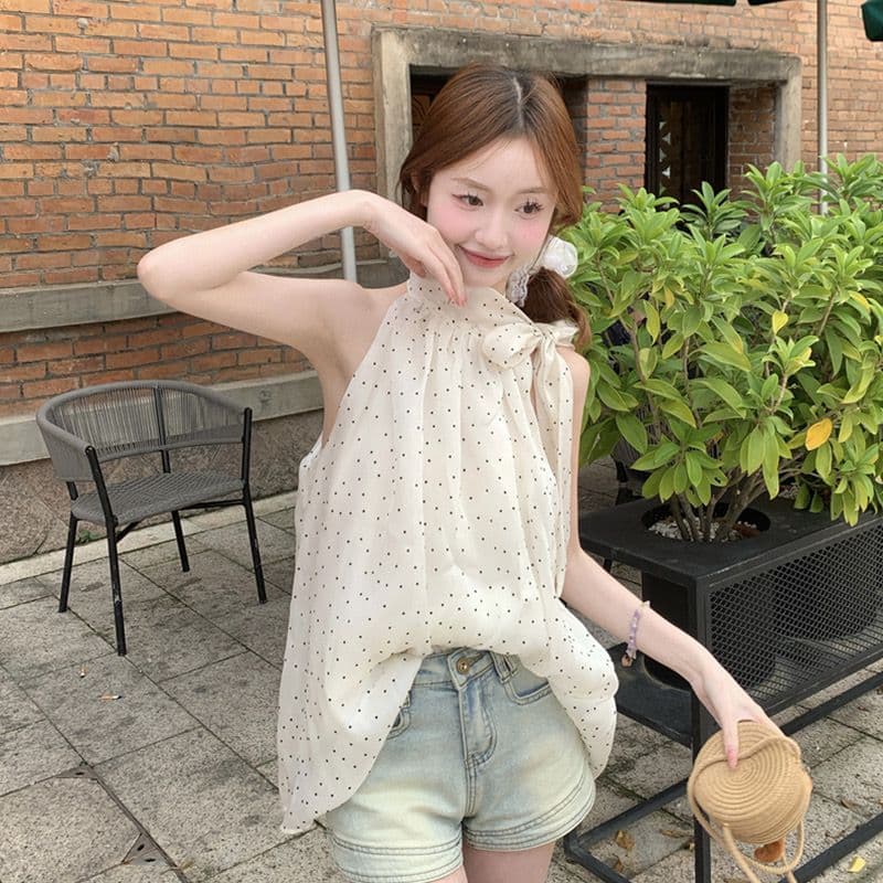 쉬폰 원단 있음 네리 행침 목 캐미솔 여성 의류 여름 루즈핏 캐주얼 Chic 도트 무늬 맨위 상세 이미지 4