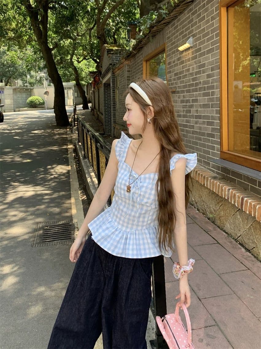 달콤한 스타일 파란색 체크무늬 작은 날다 소매 조끼 여성 의류 여름 Chic 연령 감소 슬림해 보이는 새로운 맨위 상세 이미지 6