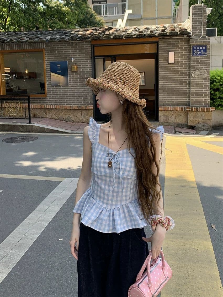 달콤한 스타일 파란색 체크무늬 작은 날다 소매 조끼 여성 의류 여름 Chic 연령 감소 슬림해 보이는 새로운 맨위 상세 이미지 9