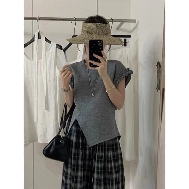 케이블 루오 Na 빅 사이즈 레이스 패치워크 불규칙 반팔 티셔츠 여성 여름 새로운 착용 가져 가라. 디자인 홀로우 아웃 맨위 이미지 5
