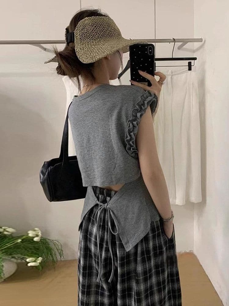 케이블 루오 Na 빅 사이즈 레이스 패치워크 불규칙 반팔 티셔츠 여성 여름 새로운 착용 가져 가라. 디자인 홀로우 아웃 맨위 상세 이미지 2