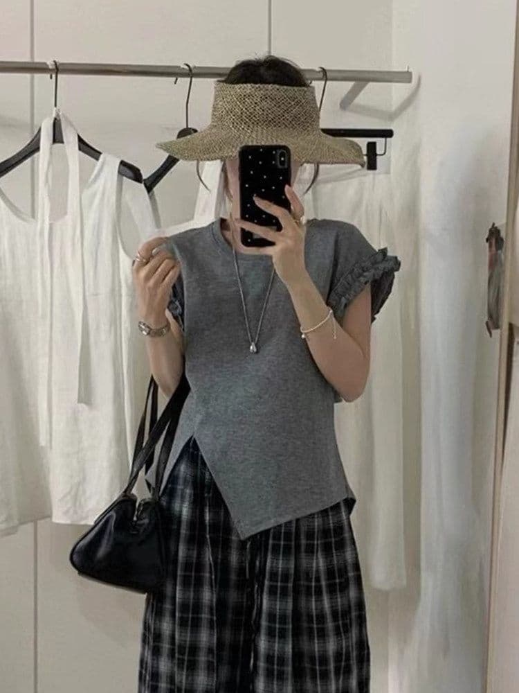 케이블 루오 Na 빅 사이즈 레이스 패치워크 불규칙 반팔 티셔츠 여성 여름 새로운 착용 가져 가라. 디자인 홀로우 아웃 맨위 상세 이미지 4