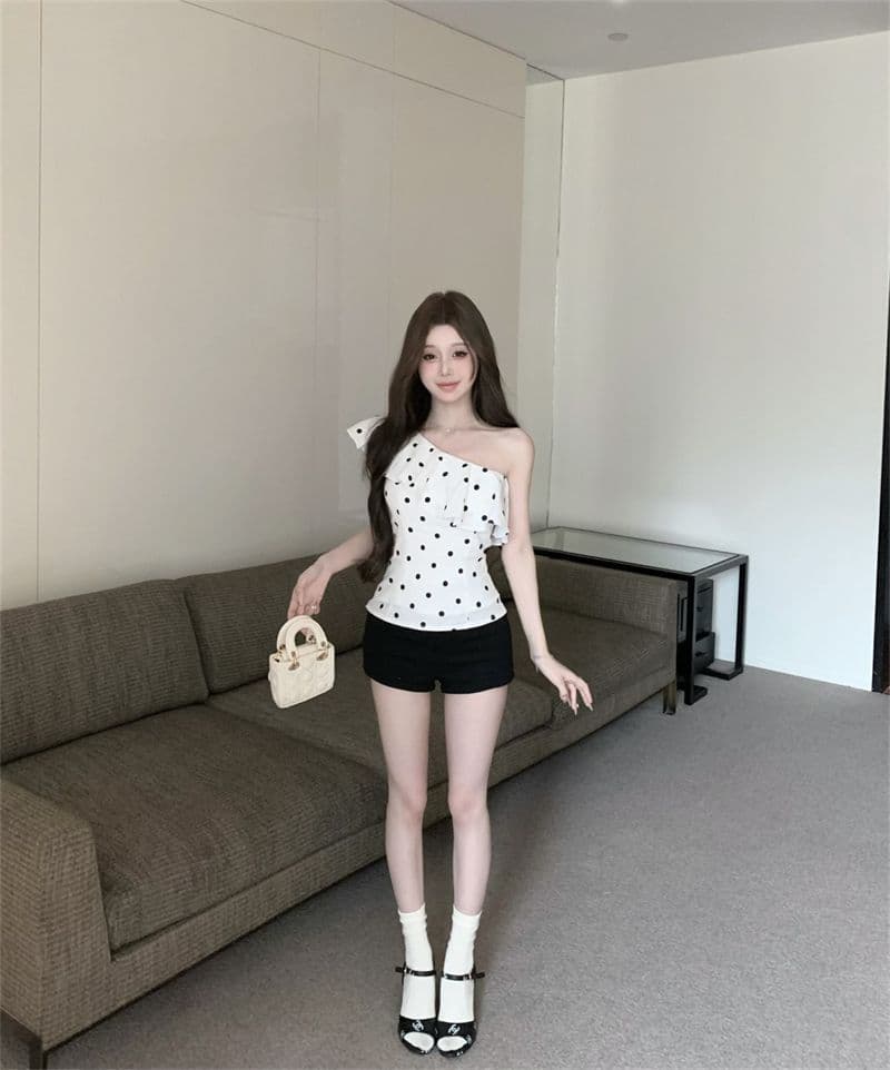 차가운 실크 코튼 프랑스식 프릴 도트 무늬 비스듬한 어깨 민소매 조끼 여성 여름 몸매 가꾸기 핫걸 맨위 상세 이미지 4