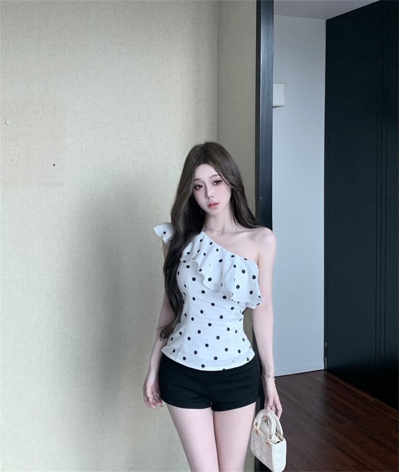 차가운 실크 코튼 프랑스식 프릴 도트 무늬 비스듬한 어깨 민소매 조끼 여성 여름 몸매 가꾸기 핫걸 맨위 상세 이미지 5