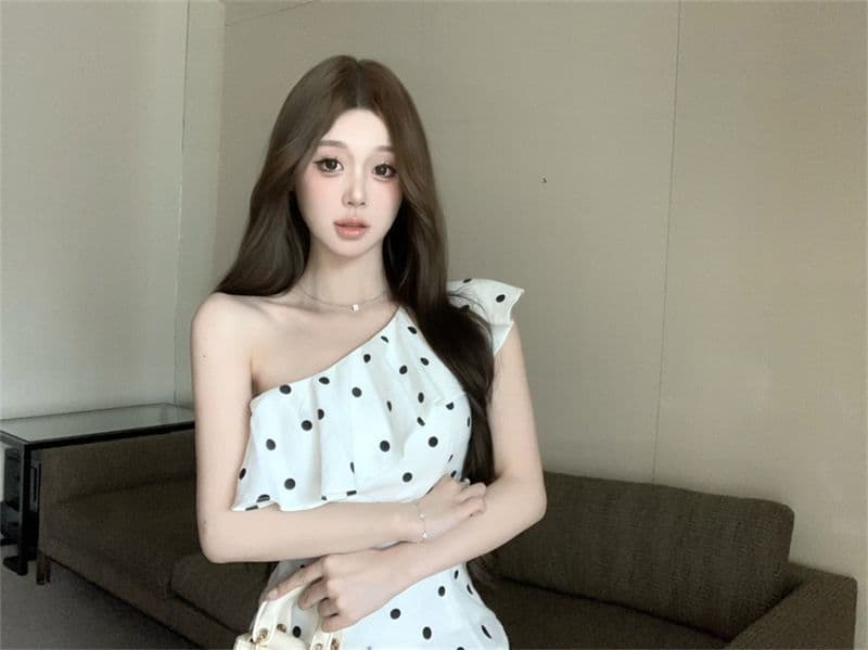 차가운 실크 코튼 프랑스식 프릴 도트 무늬 비스듬한 어깨 민소매 조끼 여성 여름 몸매 가꾸기 핫걸 맨위 상세 이미지 7