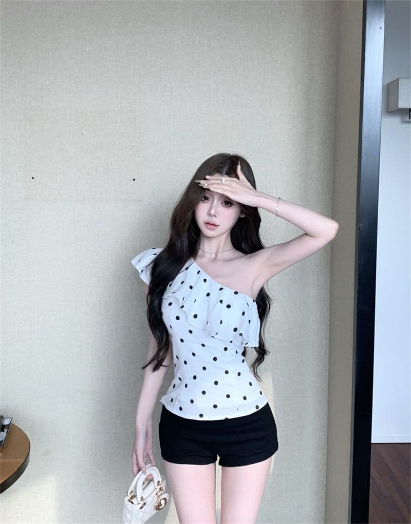 차가운 실크 코튼 프랑스식 프릴 도트 무늬 비스듬한 어깨 민소매 조끼 여성 여름 몸매 가꾸기 핫걸 맨위 상세 이미지 8