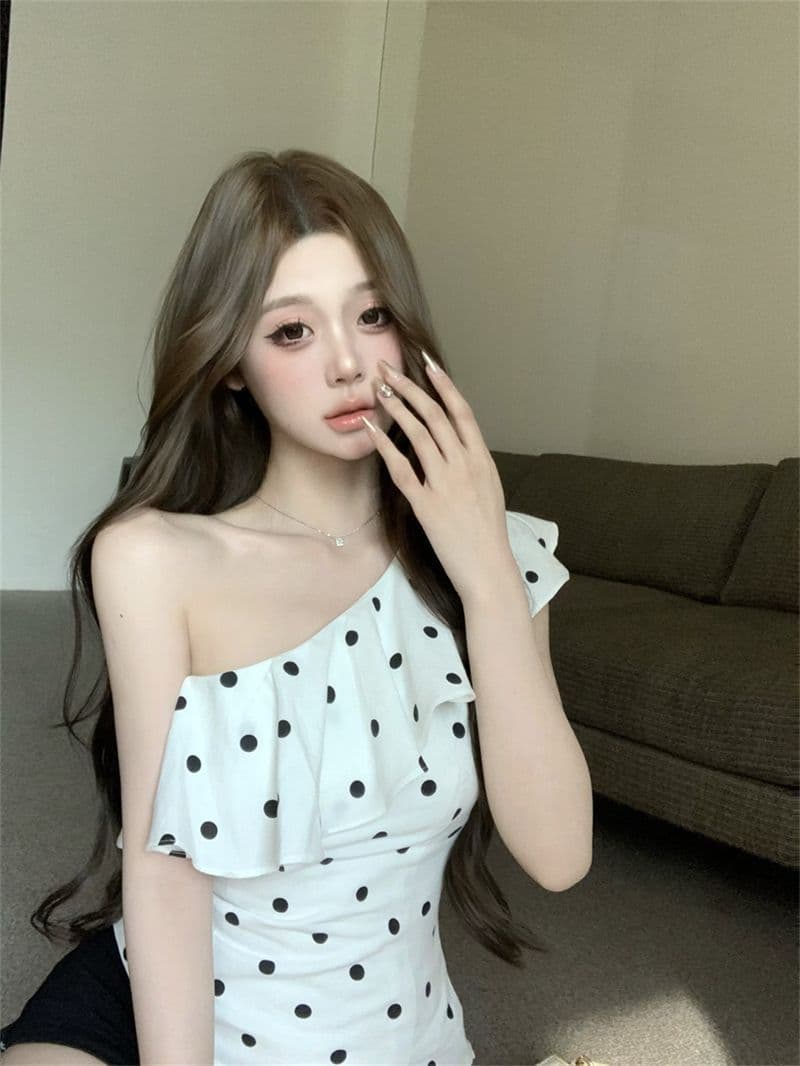 차가운 실크 코튼 프랑스식 프릴 도트 무늬 비스듬한 어깨 민소매 조끼 여성 여름 몸매 가꾸기 핫걸 맨위 상세 이미지 9