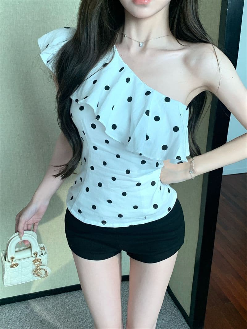 차가운 실크 코튼 프랑스식 프릴 도트 무늬 비스듬한 어깨 민소매 조끼 여성 여름 몸매 가꾸기 핫걸 맨위 상세 이미지 13