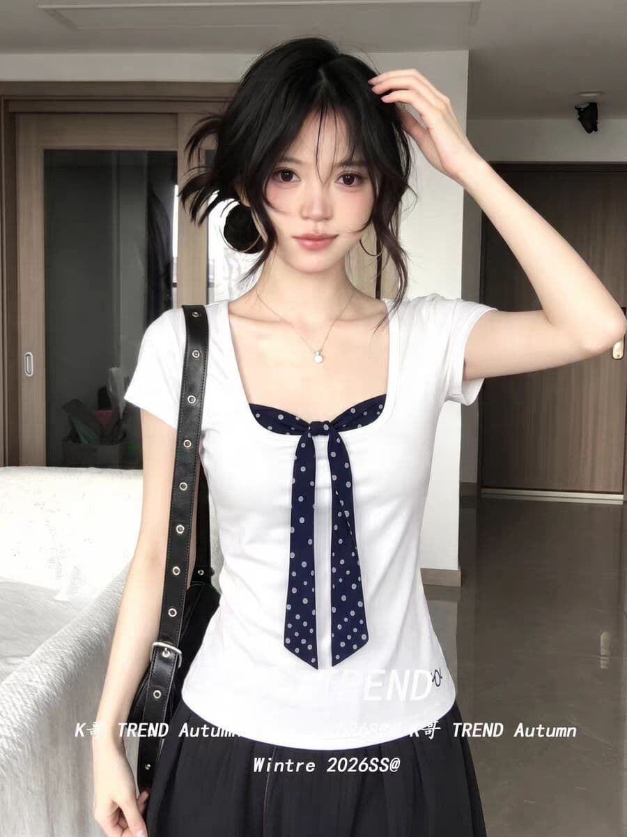 40 면 1 1 오스트리아 세대 서울 220 그램 화이트 나비 매듭 도트 무늬 페이크 레이어드 반팔 티셔츠 여성 이미지 3