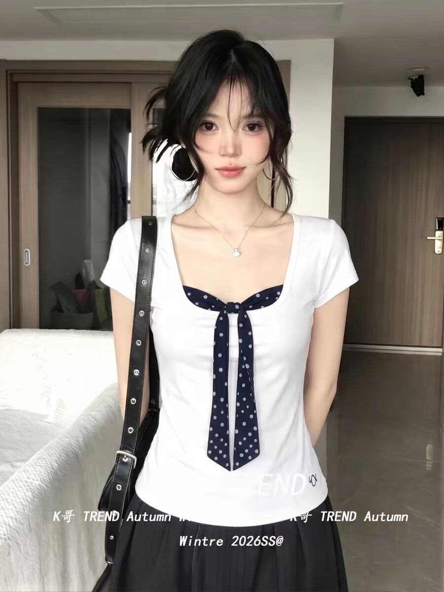 40 면 1 1 오스트리아 세대 서울 220 그램 화이트 나비 매듭 도트 무늬 페이크 레이어드 반팔 티셔츠 여성 상세 이미지 3