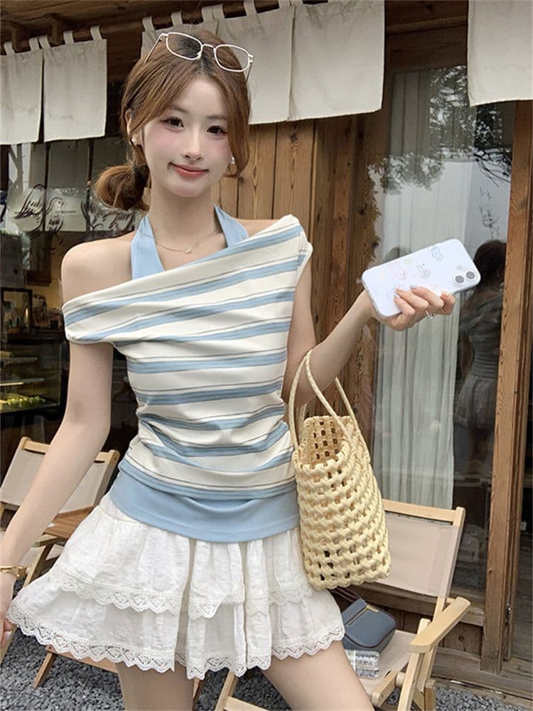 40 모방 면 파란색 스트라이프 페이크 레이어드 오프숄더 행침 목 흔들다 칼라 반팔 티셔츠 여성 여름 비스듬한 어깨 오프숄더 맨위 이미지 3