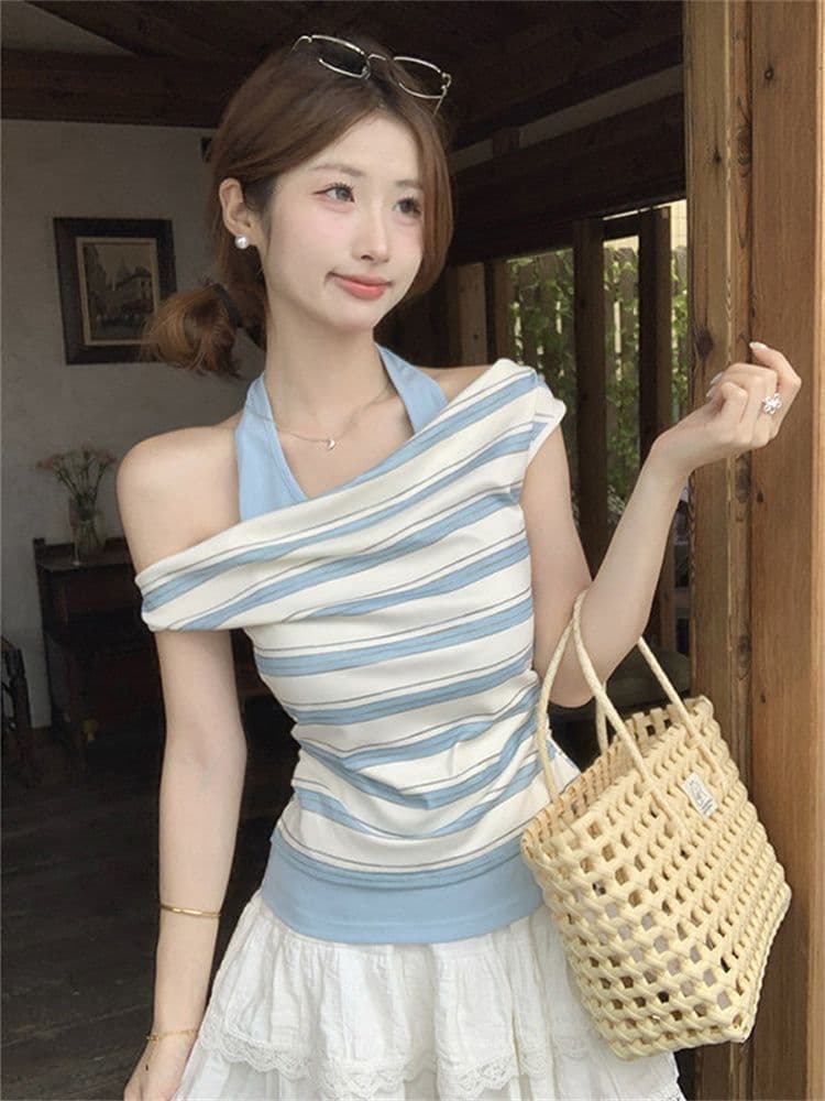 40 모방 면 파란색 스트라이프 페이크 레이어드 오프숄더 행침 목 흔들다 칼라 반팔 티셔츠 여성 여름 비스듬한 어깨 오프숄더 맨위
