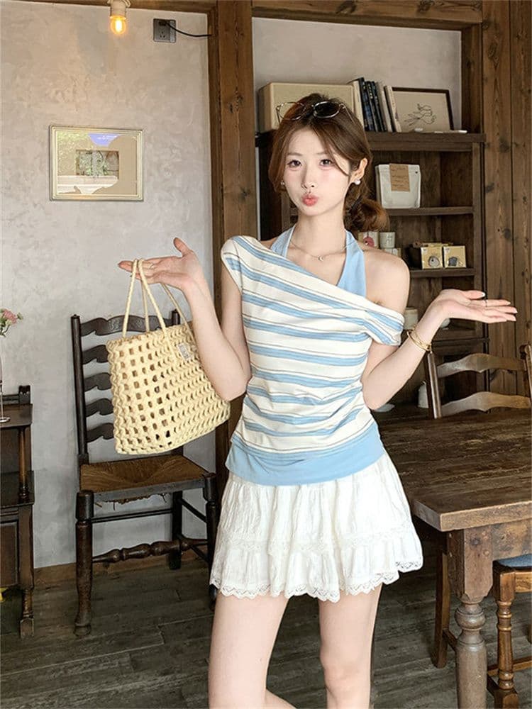 40 모방 면 파란색 스트라이프 페이크 레이어드 오프숄더 행침 목 흔들다 칼라 반팔 티셔츠 여성 여름 비스듬한 어깨 오프숄더 맨위 이미지 4