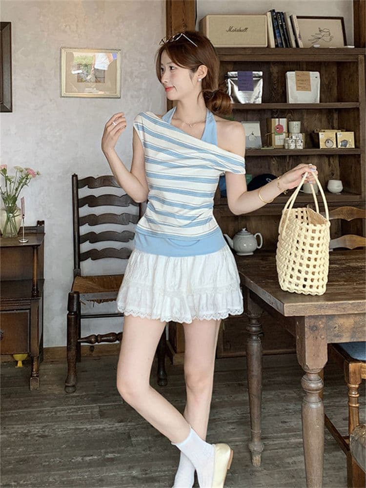 40 모방 면 파란색 스트라이프 페이크 레이어드 오프숄더 행침 목 흔들다 칼라 반팔 티셔츠 여성 여름 비스듬한 어깨 오프숄더 맨위 상세 이미지 3