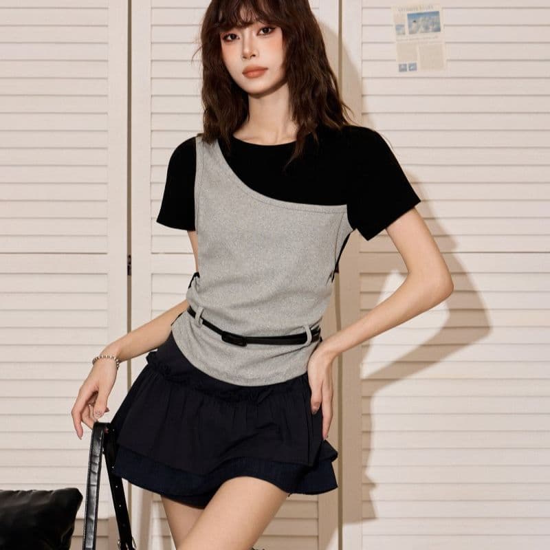 아메리칸 회색 긍정적 인 어깨 배색 페이크 레이어드 반팔 티셔츠 여성 여름 몸매 가꾸기 꼬집기 허리 쇼트 스타일 맨위 2026 새로운 이미지 4