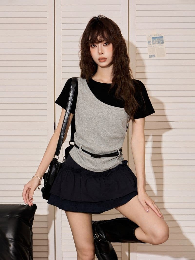 아메리칸 회색 긍정적 인 어깨 배색 페이크 레이어드 반팔 티셔츠 여성 여름 몸매 가꾸기 꼬집기 허리 쇼트 스타일 맨위 2026 새로운 상세 이미지 3