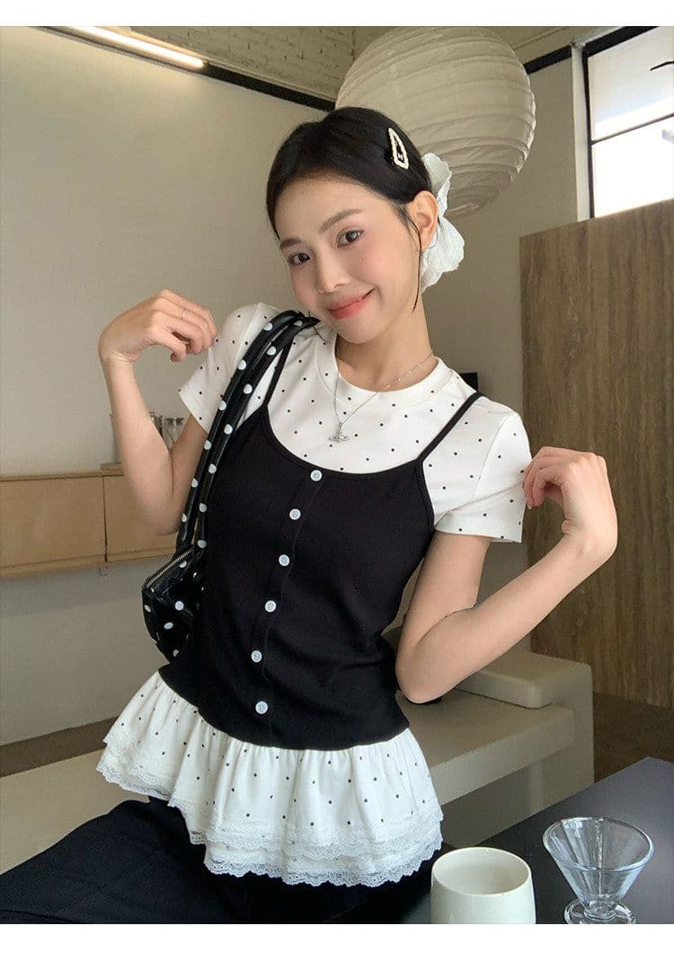 페이크 레이어드 긍정적 인 어깨 반팔 티셔츠 여성 2026 여름 발레 바람 몸매 가꾸기 슬림해 보이는 다용도 아름다운 도트 무늬 맨위 ins 상세 이미지 1