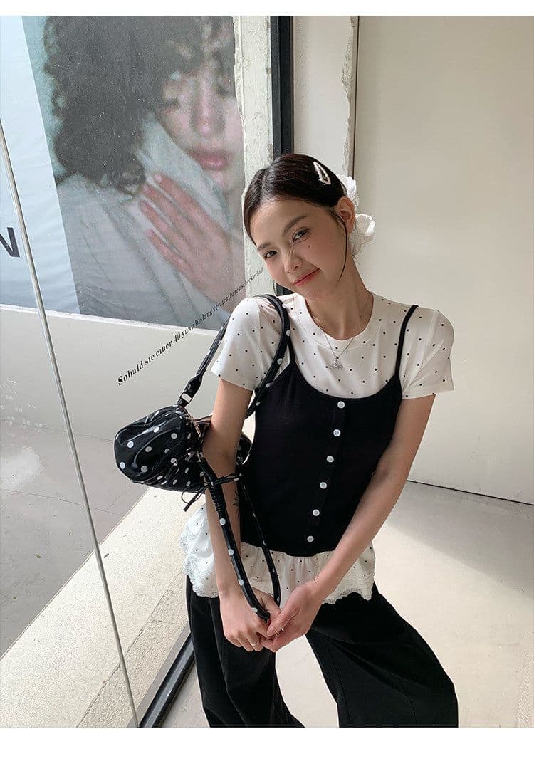 페이크 레이어드 긍정적 인 어깨 반팔 티셔츠 여성 2026 여름 발레 바람 몸매 가꾸기 슬림해 보이는 다용도 아름다운 도트 무늬 맨위 ins 상세 이미지 8