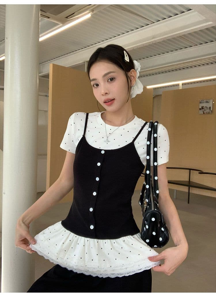 페이크 레이어드 긍정적 인 어깨 반팔 티셔츠 여성 2026 여름 발레 바람 몸매 가꾸기 슬림해 보이는 다용도 아름다운 도트 무늬 맨위 ins 상세 이미지 11