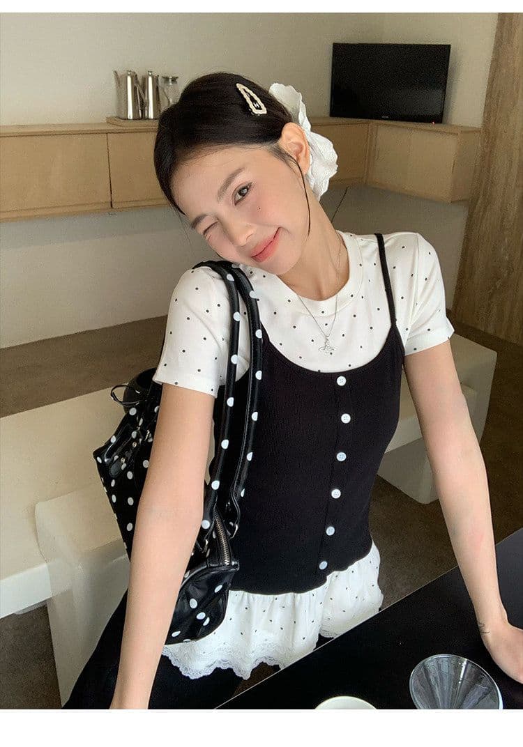 페이크 레이어드 긍정적 인 어깨 반팔 티셔츠 여성 2026 여름 발레 바람 몸매 가꾸기 슬림해 보이는 다용도 아름다운 도트 무늬 맨위 ins 상세 이미지 14