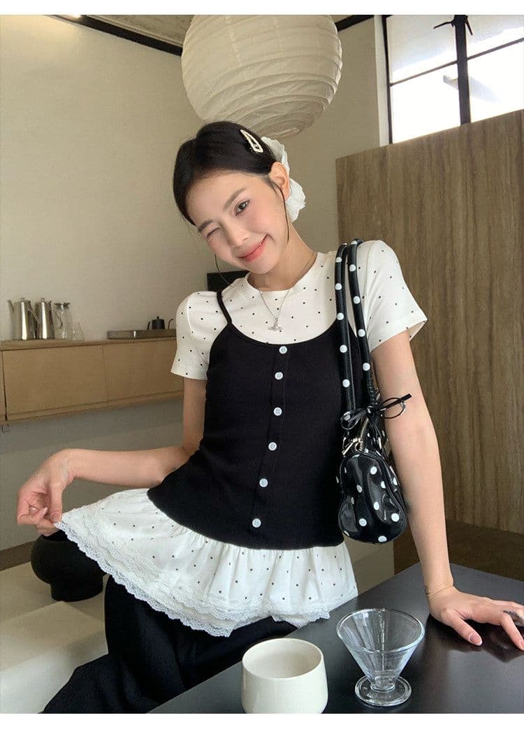 페이크 레이어드 긍정적 인 어깨 반팔 티셔츠 여성 2026 여름 발레 바람 몸매 가꾸기 슬림해 보이는 다용도 아름다운 도트 무늬 맨위 ins 상세 이미지 16
