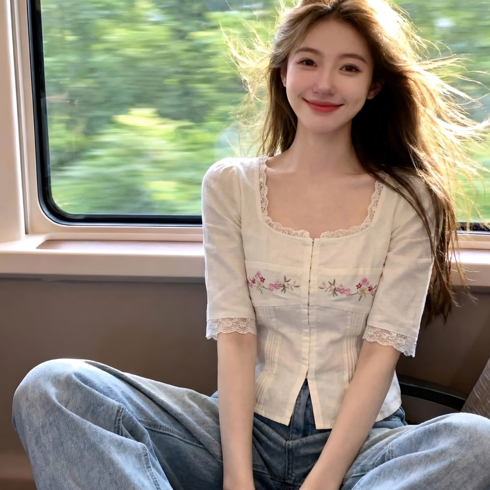 프랑스식 고유 한 달콤함 레이스 레이스 자수 화이트 여성 셔츠 2026 여름 슈퍼 잘 생긴 부드러운 연령 감소 맨위 상세 이미지 5