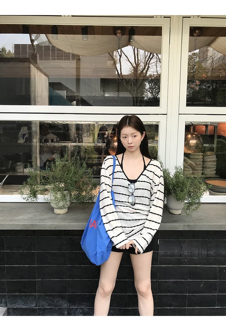자외선 차단 블라우스 여성 2026 새로운 여름 착용 가져 가라. 슈퍼 화재 연령 감소 긴팔 티셔츠 스트라이프 맨위 상세 이미지 31