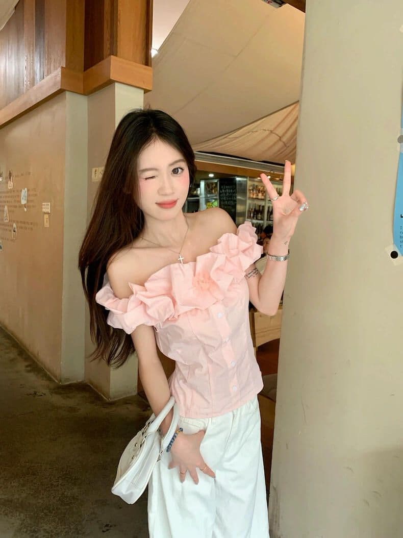 순수한 욕망 바람 오프숄더 맨위 여성 프랑스식 프릴 오프숄더 셔츠 여름 허리 수축 슬림해 보이는 다용도 작은 셔츠 상세 이미지 6