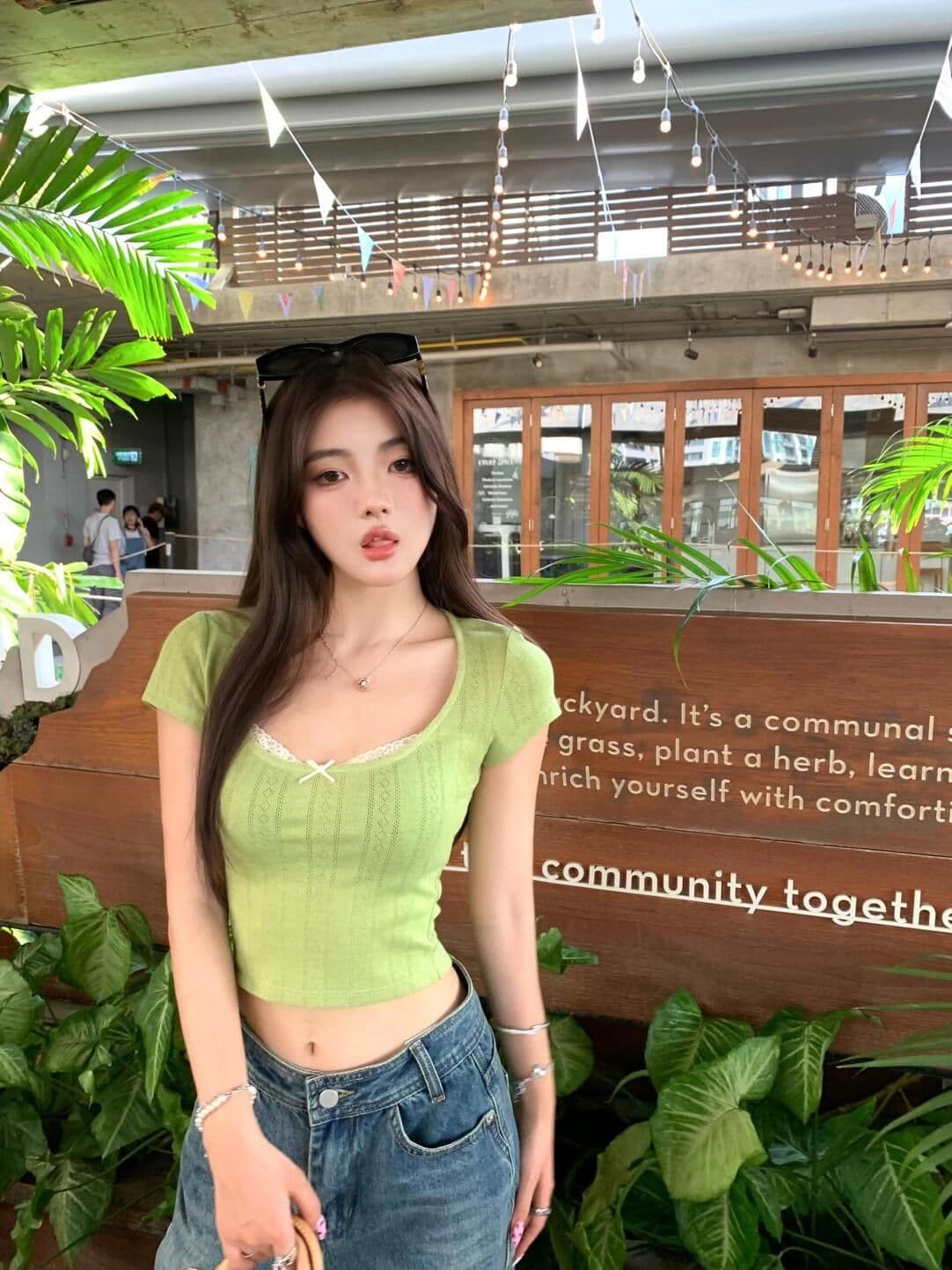 페이크 레이어드 레이스 티셔츠 여성 여름 디자인 센스 몸매 가꾸기 쇼트 스타일 달콤한 매운맛 녹색 작은 맨위 상세 이미지 3